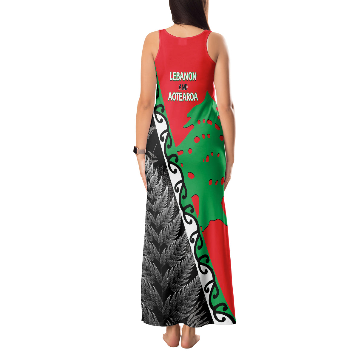 New Zealand And Lebanon Tank Maxi Dress Silver Fern Maori With Cedar Tree Together - Wonder Print Shop