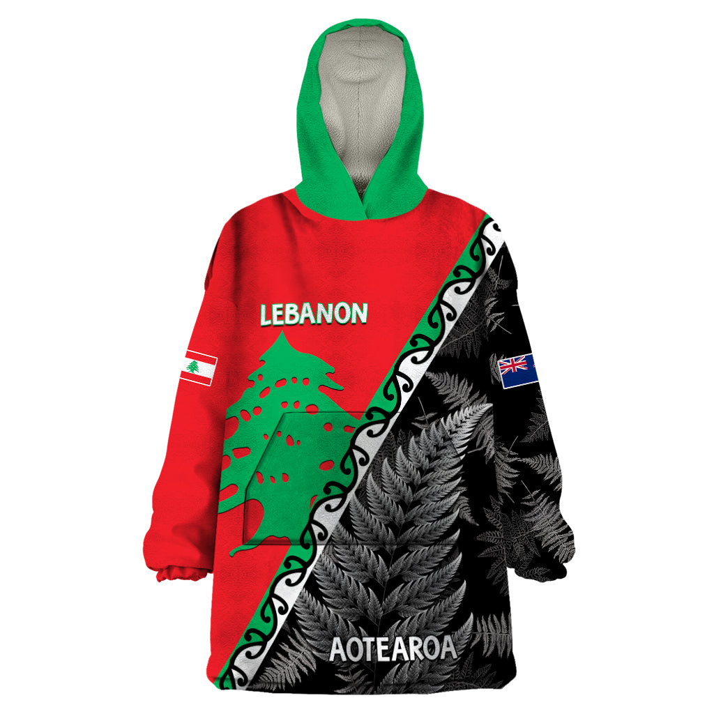 New Zealand And Lebanon Wearable Blanket Hoodie Silver Fern Maori With Cedar Tree Together - Wonder Print Shop