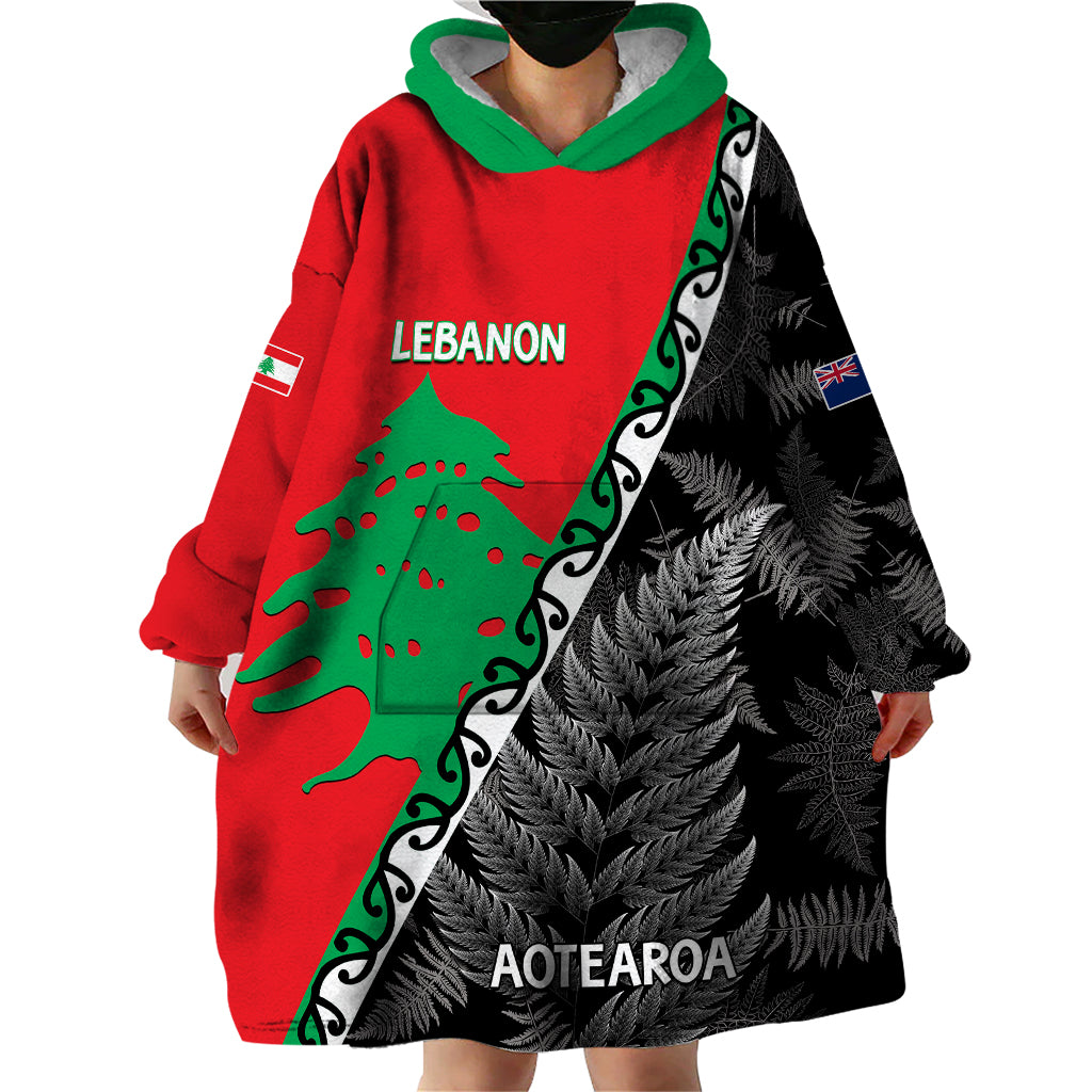 New Zealand And Lebanon Wearable Blanket Hoodie Silver Fern Maori With Cedar Tree Together - Wonder Print Shop