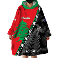 New Zealand And Lebanon Wearable Blanket Hoodie Silver Fern Maori With Cedar Tree Together - Wonder Print Shop