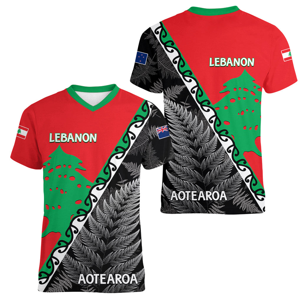 New Zealand And Lebanon Women V Neck T Shirt Silver Fern Maori With Cedar Tree Together - Wonder Print Shop