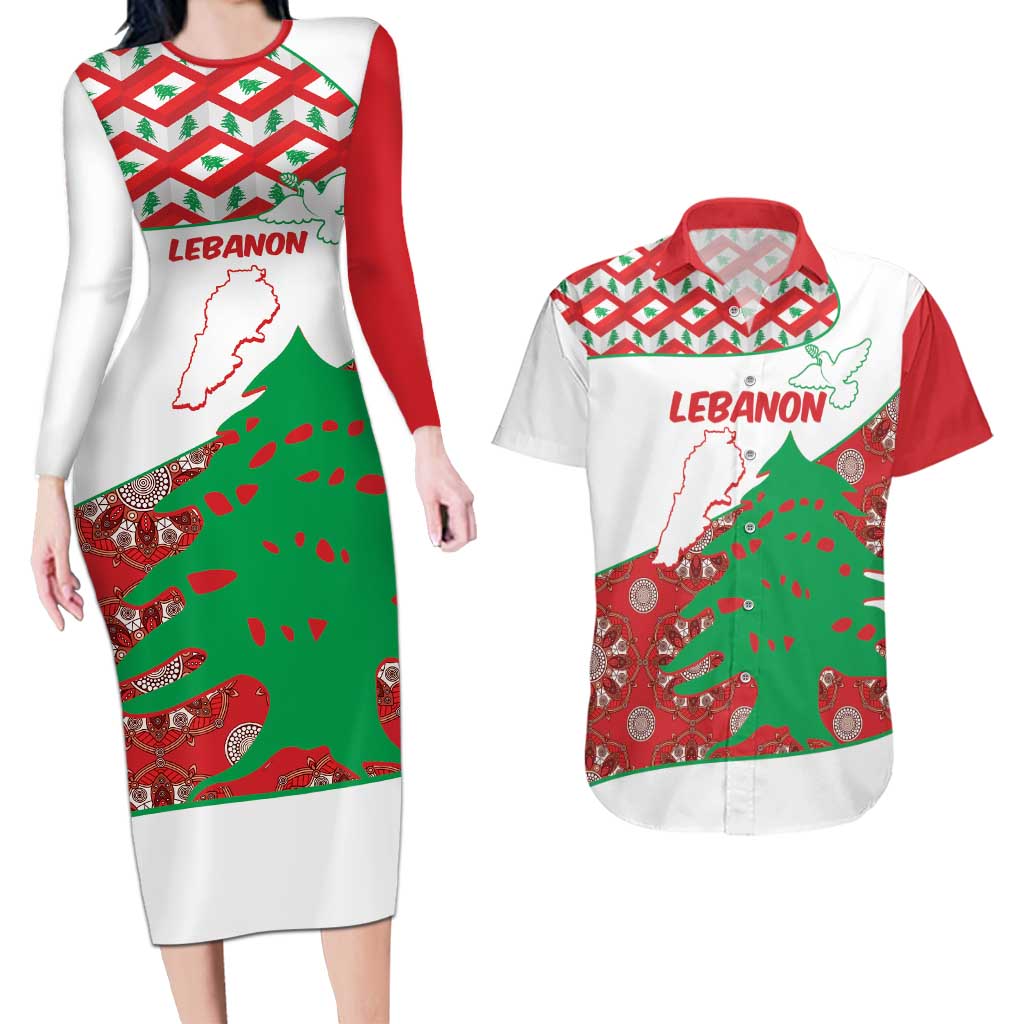 Personalised Lebanon Independence Day Couples Matching Long Sleeve Bodycon Dress and Hawaiian Shirt Lebanese Map With Cedrus - Wonder Print Shop