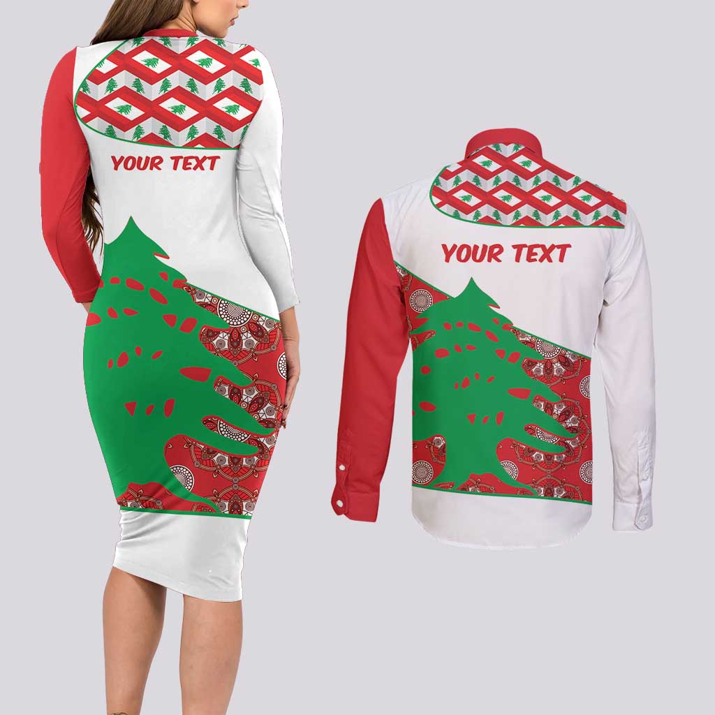 Personalised Lebanon Independence Day Couples Matching Long Sleeve Bodycon Dress and Long Sleeve Button Shirt Lebanese Map With Cedrus - Wonder Print Shop