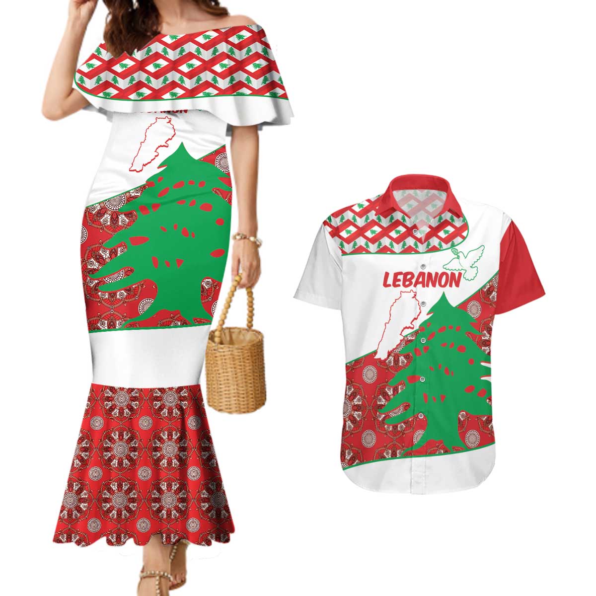 Personalised Lebanon Independence Day Couples Matching Mermaid Dress and Hawaiian Shirt Lebanese Map With Cedrus - Wonder Print Shop