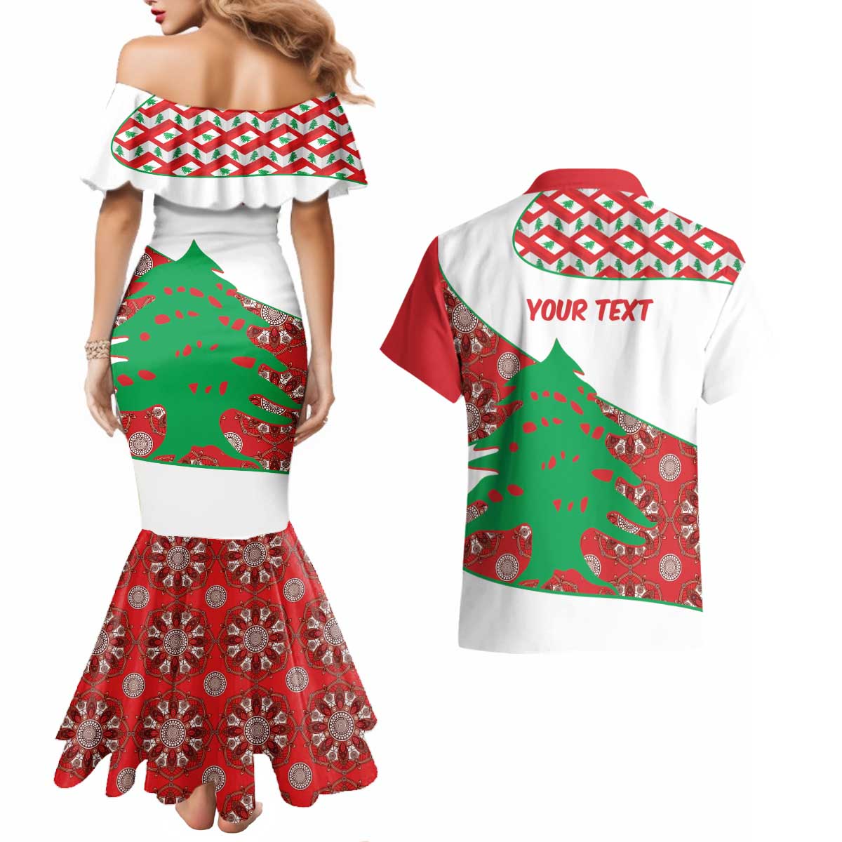 Personalised Lebanon Independence Day Couples Matching Mermaid Dress and Hawaiian Shirt Lebanese Map With Cedrus - Wonder Print Shop