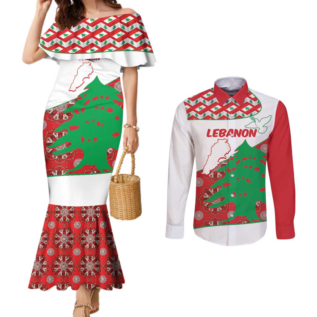 Personalised Lebanon Independence Day Couples Matching Mermaid Dress and Long Sleeve Button Shirt Lebanese Map With Cedrus