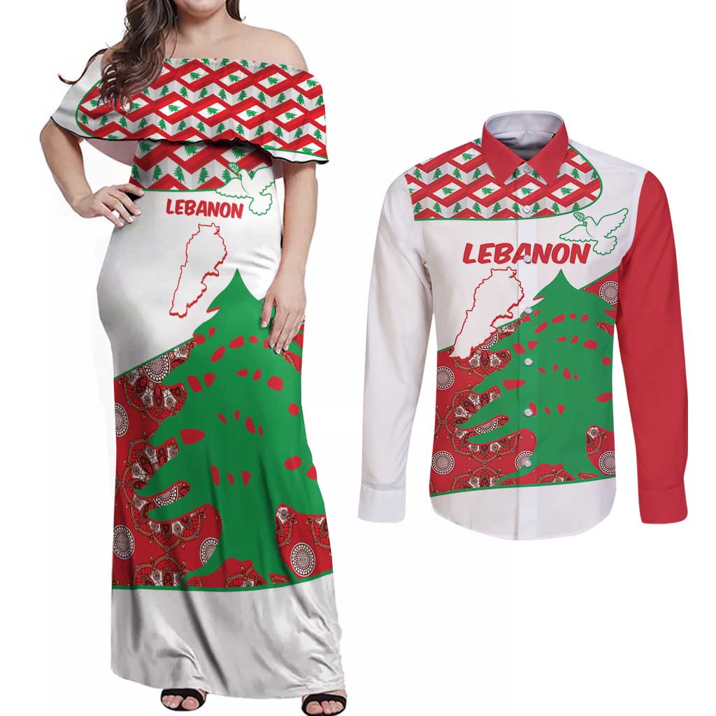 Personalised Lebanon Independence Day Couples Matching Off Shoulder Maxi Dress and Long Sleeve Button Shirt Lebanese Map With Cedrus - Wonder Print Shop
