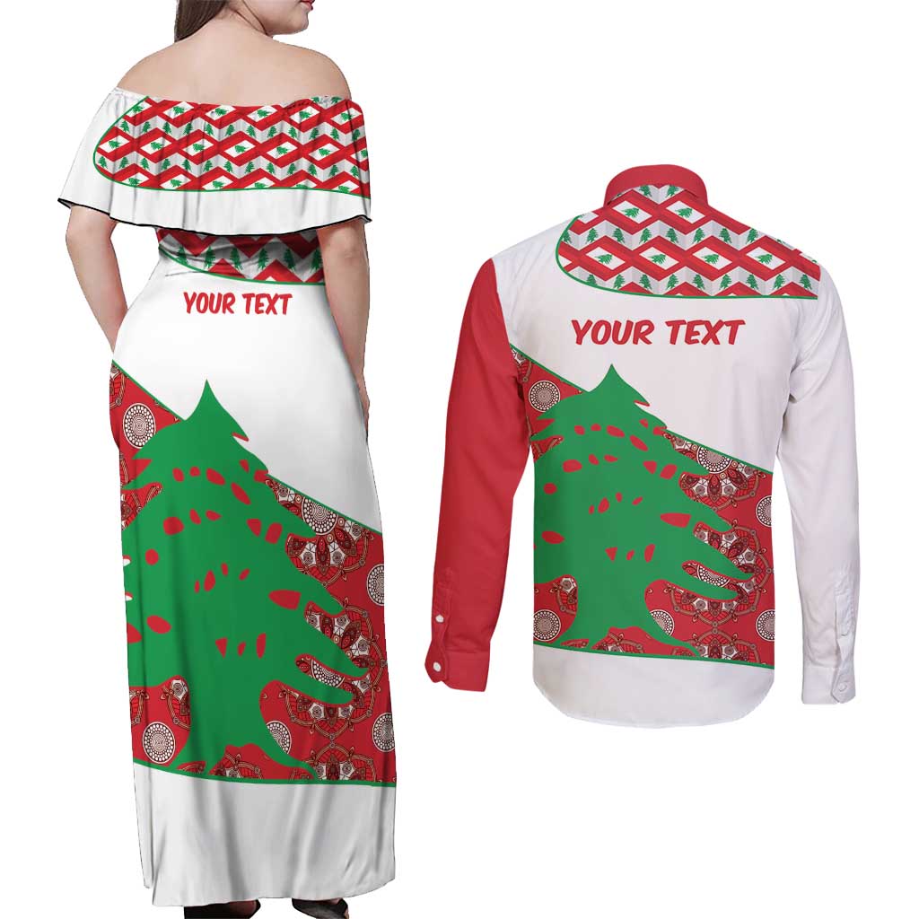Personalised Lebanon Independence Day Couples Matching Off Shoulder Maxi Dress and Long Sleeve Button Shirt Lebanese Map With Cedrus - Wonder Print Shop
