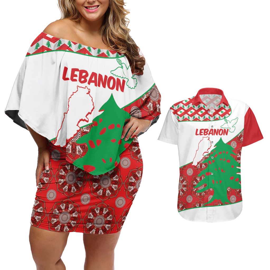 Personalised Lebanon Independence Day Couples Matching Off Shoulder Short Dress and Hawaiian Shirt Lebanese Map With Cedrus - Wonder Print Shop