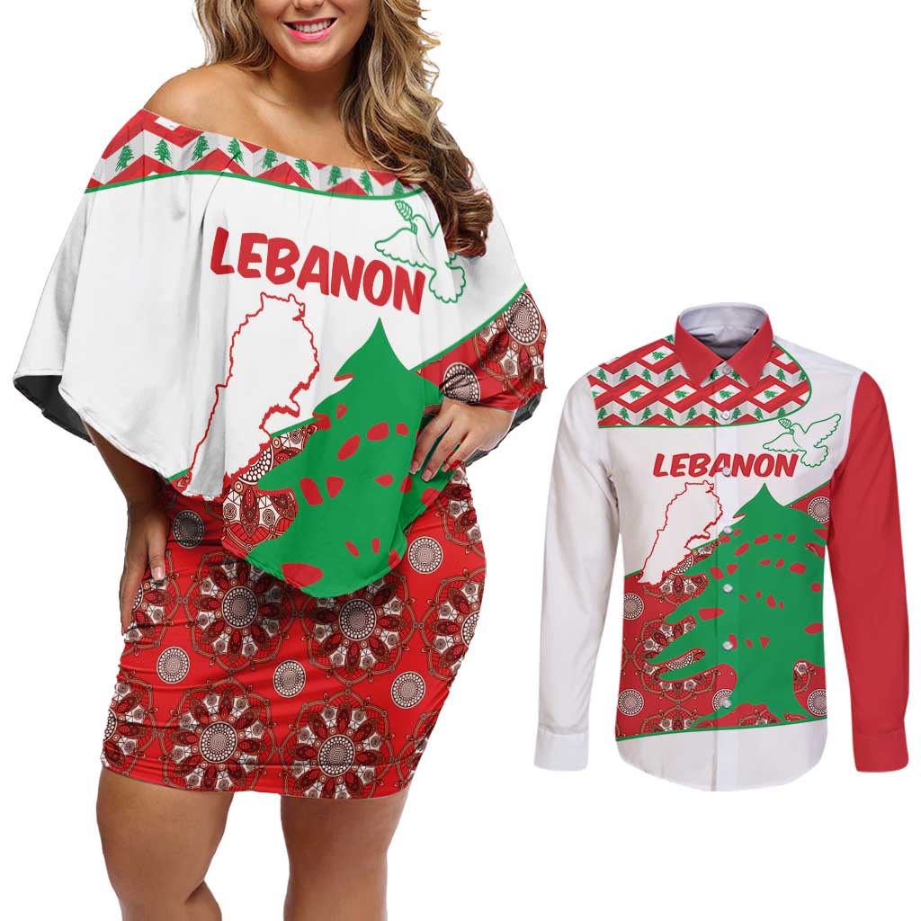 Personalised Lebanon Independence Day Couples Matching Off Shoulder Short Dress and Long Sleeve Button Shirt Lebanese Map With Cedrus - Wonder Print Shop