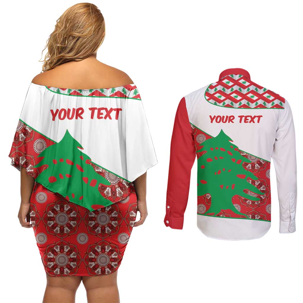 Personalised Lebanon Independence Day Couples Matching Off Shoulder Short Dress and Long Sleeve Button Shirt Lebanese Map With Cedrus - Wonder Print Shop