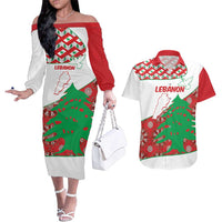 Personalised Lebanon Independence Day Couples Matching Off The Shoulder Long Sleeve Dress and Hawaiian Shirt Lebanese Map With Cedrus - Wonder Print Shop