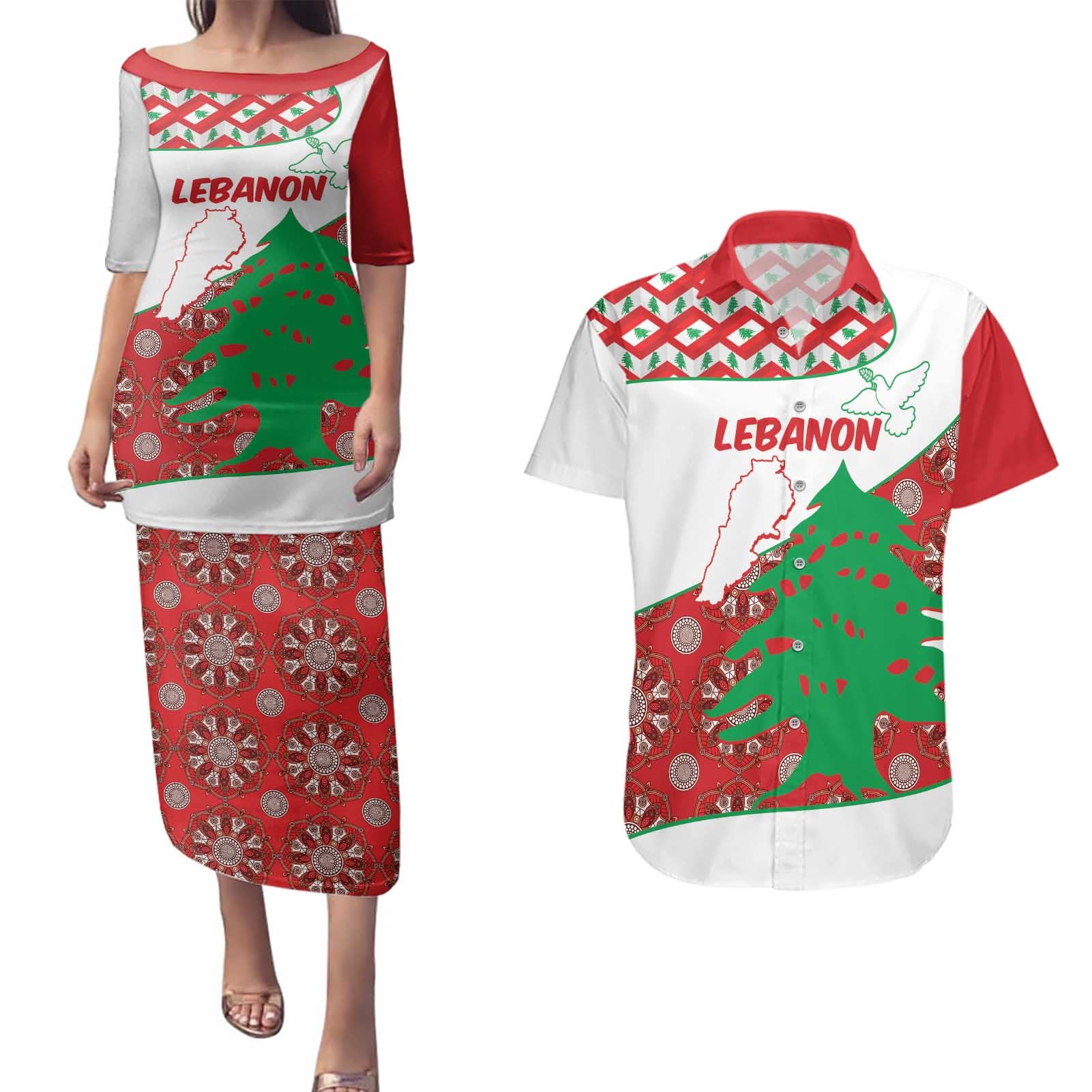 Personalised Lebanon Independence Day Couples Matching Puletasi and Hawaiian Shirt Lebanese Map With Cedrus - Wonder Print Shop