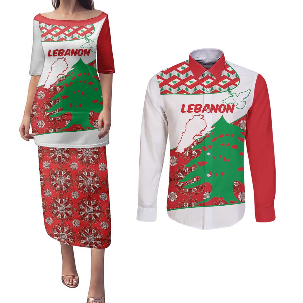 Personalised Lebanon Independence Day Couples Matching Puletasi and Long Sleeve Button Shirt Lebanese Map With Cedrus - Wonder Print Shop