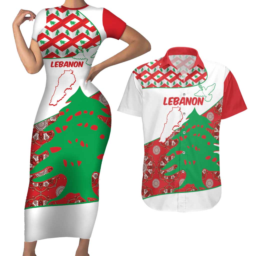 Personalised Lebanon Independence Day Couples Matching Short Sleeve Bodycon Dress and Hawaiian Shirt Lebanese Map With Cedrus - Wonder Print Shop