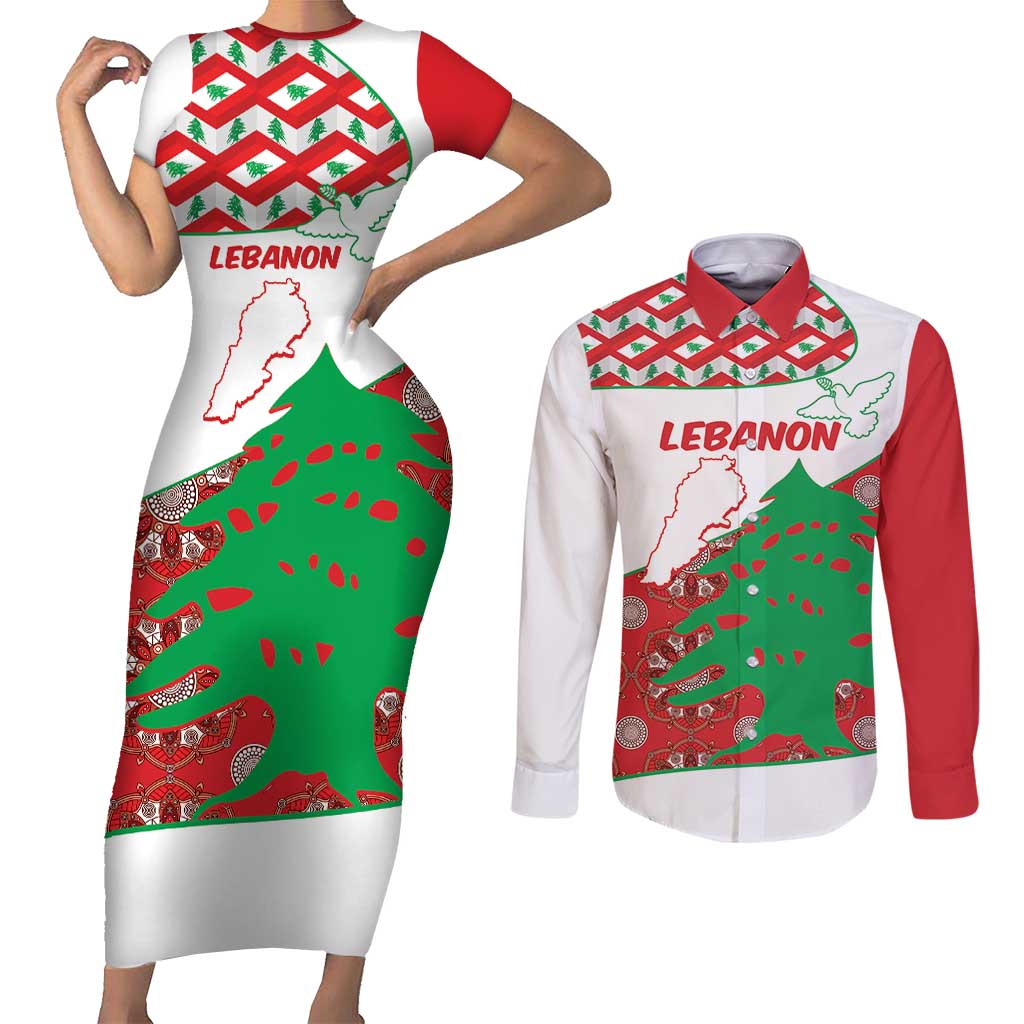 Personalised Lebanon Independence Day Couples Matching Short Sleeve Bodycon Dress and Long Sleeve Button Shirt Lebanese Map With Cedrus - Wonder Print Shop