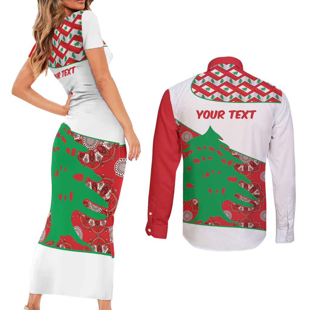 Personalised Lebanon Independence Day Couples Matching Short Sleeve Bodycon Dress and Long Sleeve Button Shirt Lebanese Map With Cedrus - Wonder Print Shop