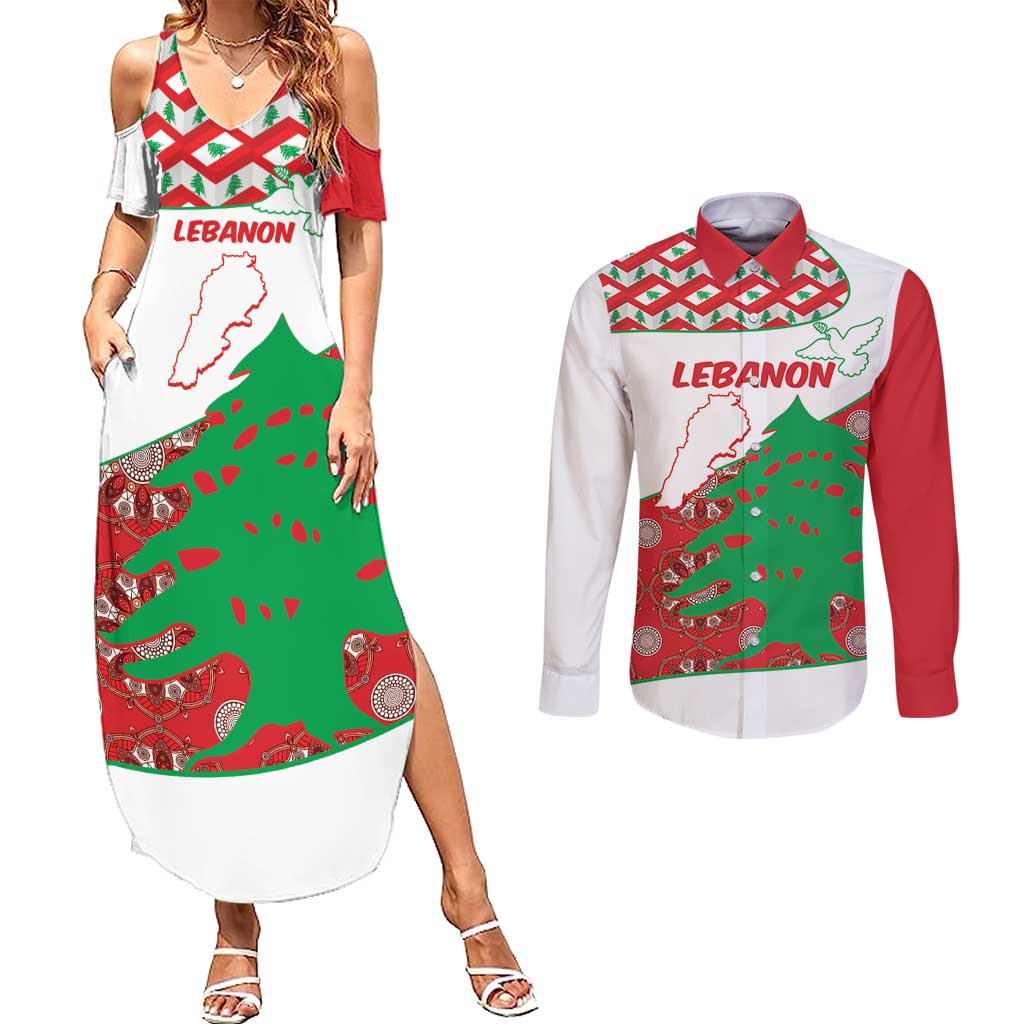 Personalised Lebanon Independence Day Couples Matching Summer Maxi Dress and Long Sleeve Button Shirt Lebanese Map With Cedrus - Wonder Print Shop
