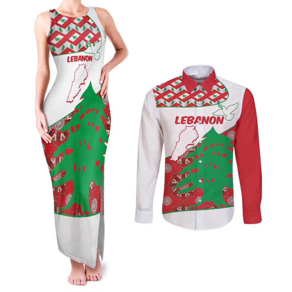 Personalised Lebanon Independence Day Couples Matching Tank Maxi Dress and Long Sleeve Button Shirt Lebanese Map With Cedrus - Wonder Print Shop