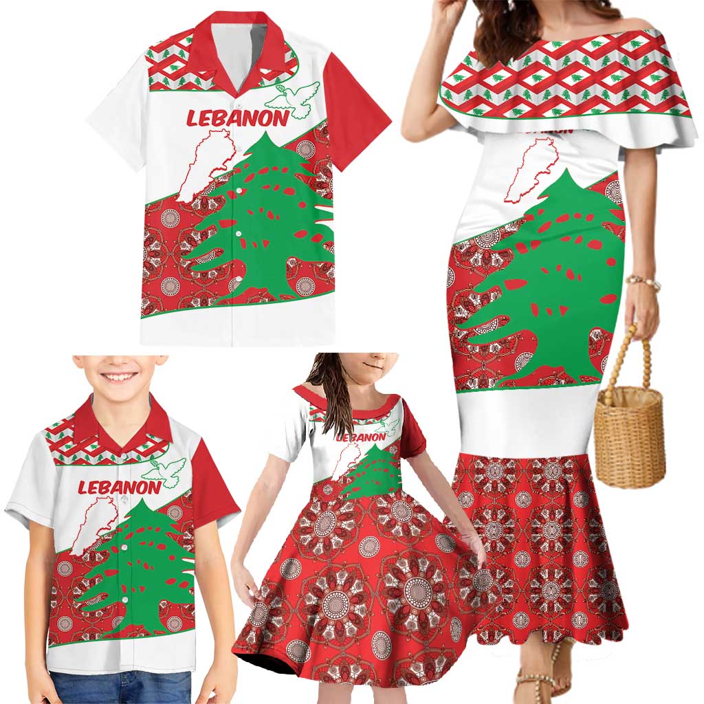 Personalised Lebanon Independence Day Family Matching Mermaid Dress and Hawaiian Shirt Lebanese Map With Cedrus - Wonder Print Shop