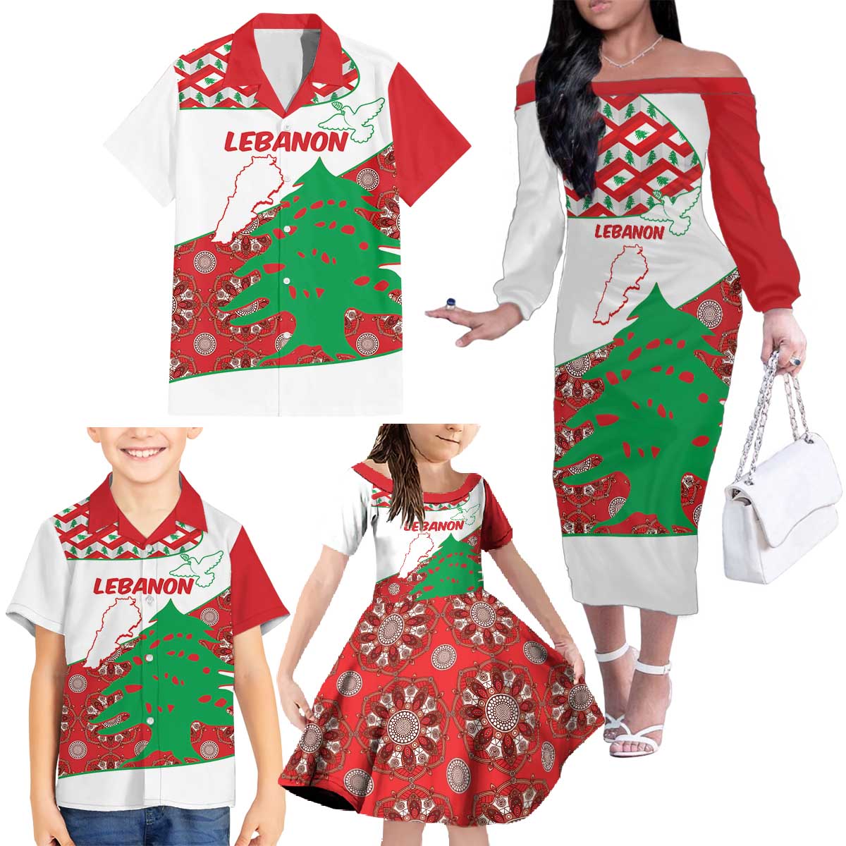 Personalised Lebanon Independence Day Family Matching Off The Shoulder Long Sleeve Dress and Hawaiian Shirt Lebanese Map With Cedrus - Wonder Print Shop