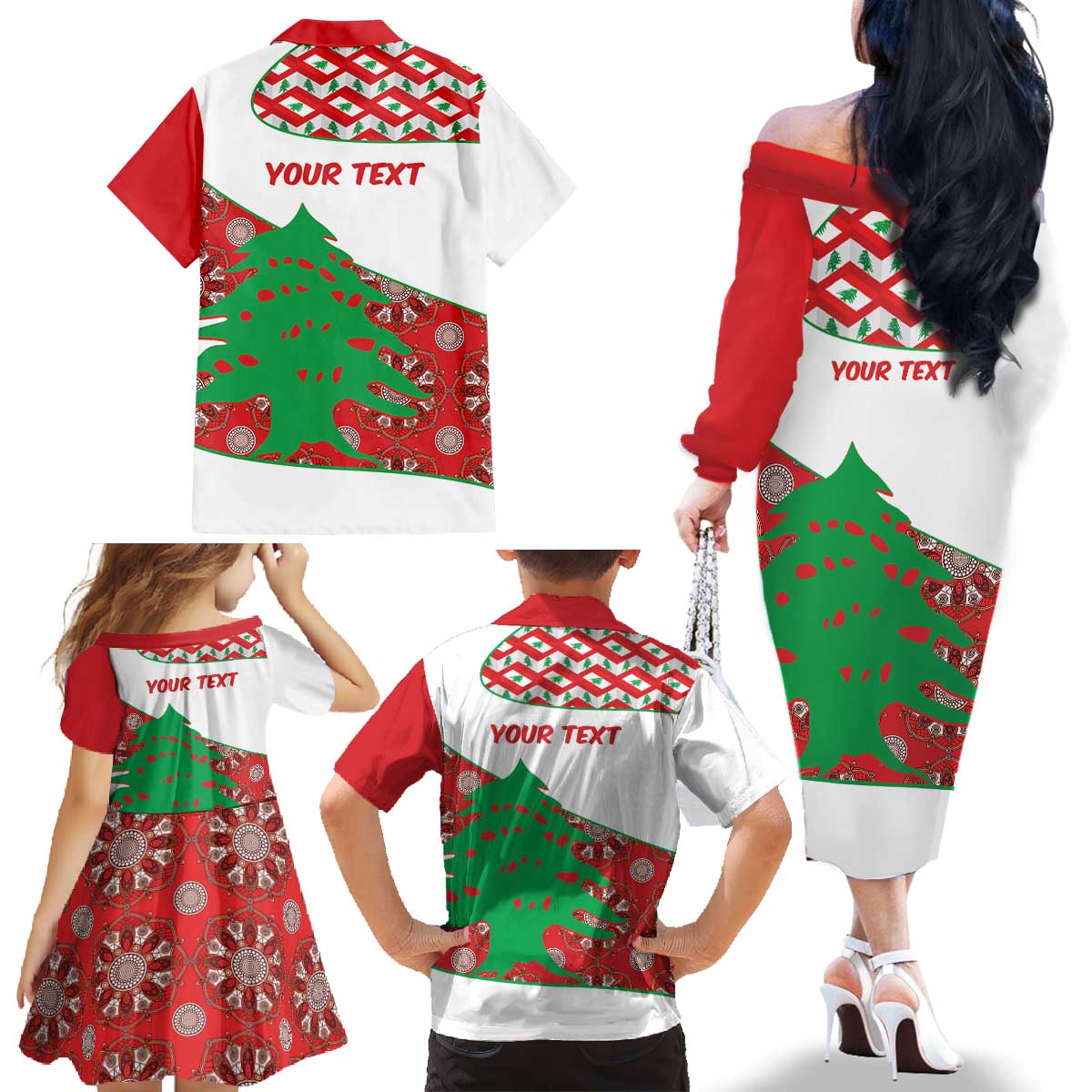 Personalised Lebanon Independence Day Family Matching Off The Shoulder Long Sleeve Dress and Hawaiian Shirt Lebanese Map With Cedrus - Wonder Print Shop