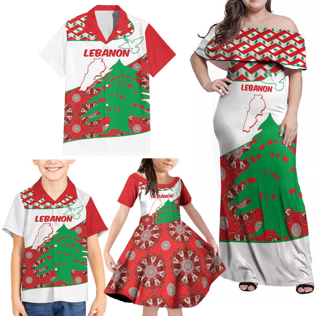 Personalised Lebanon Independence Day Family Matching Off Shoulder Maxi Dress and Hawaiian Shirt Lebanese Map With Cedrus - Wonder Print Shop