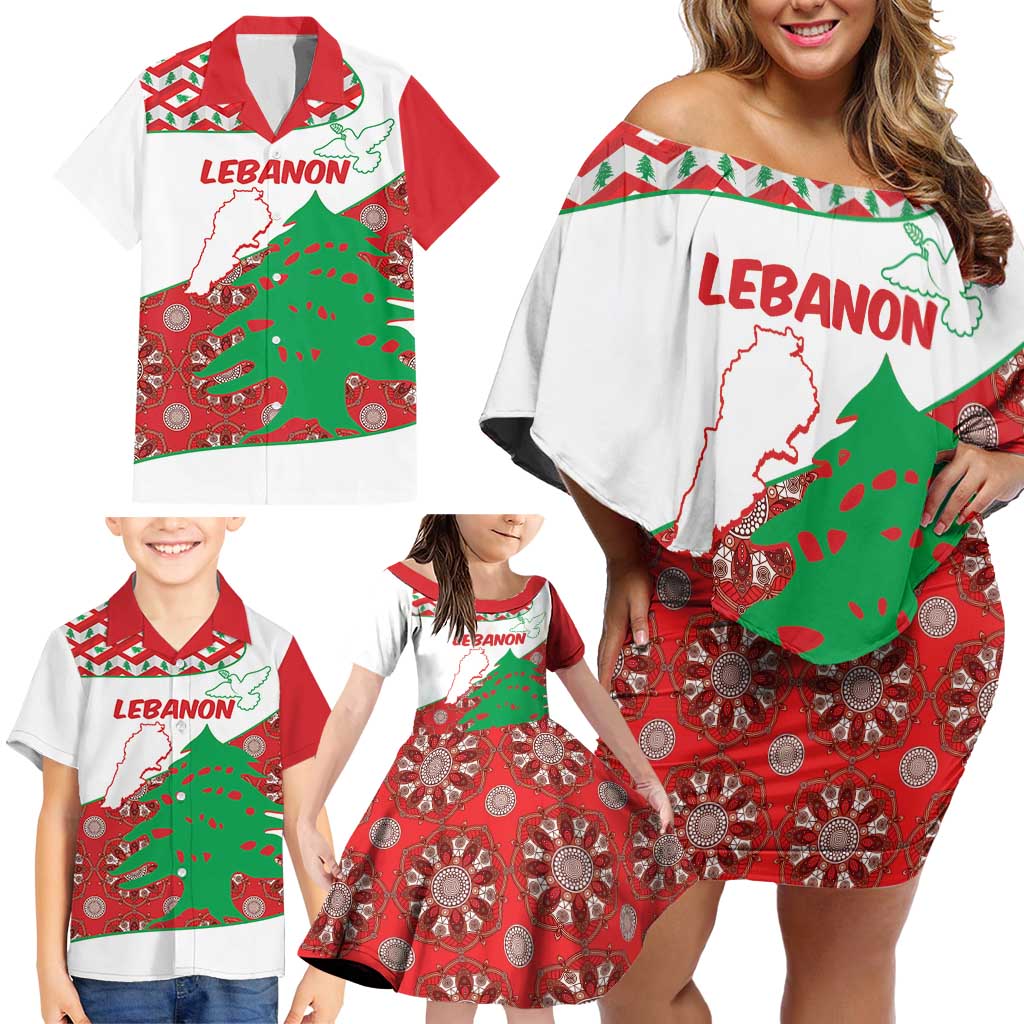Personalised Lebanon Independence Day Family Matching Off Shoulder Short Dress and Hawaiian Shirt Lebanese Map With Cedrus - Wonder Print Shop