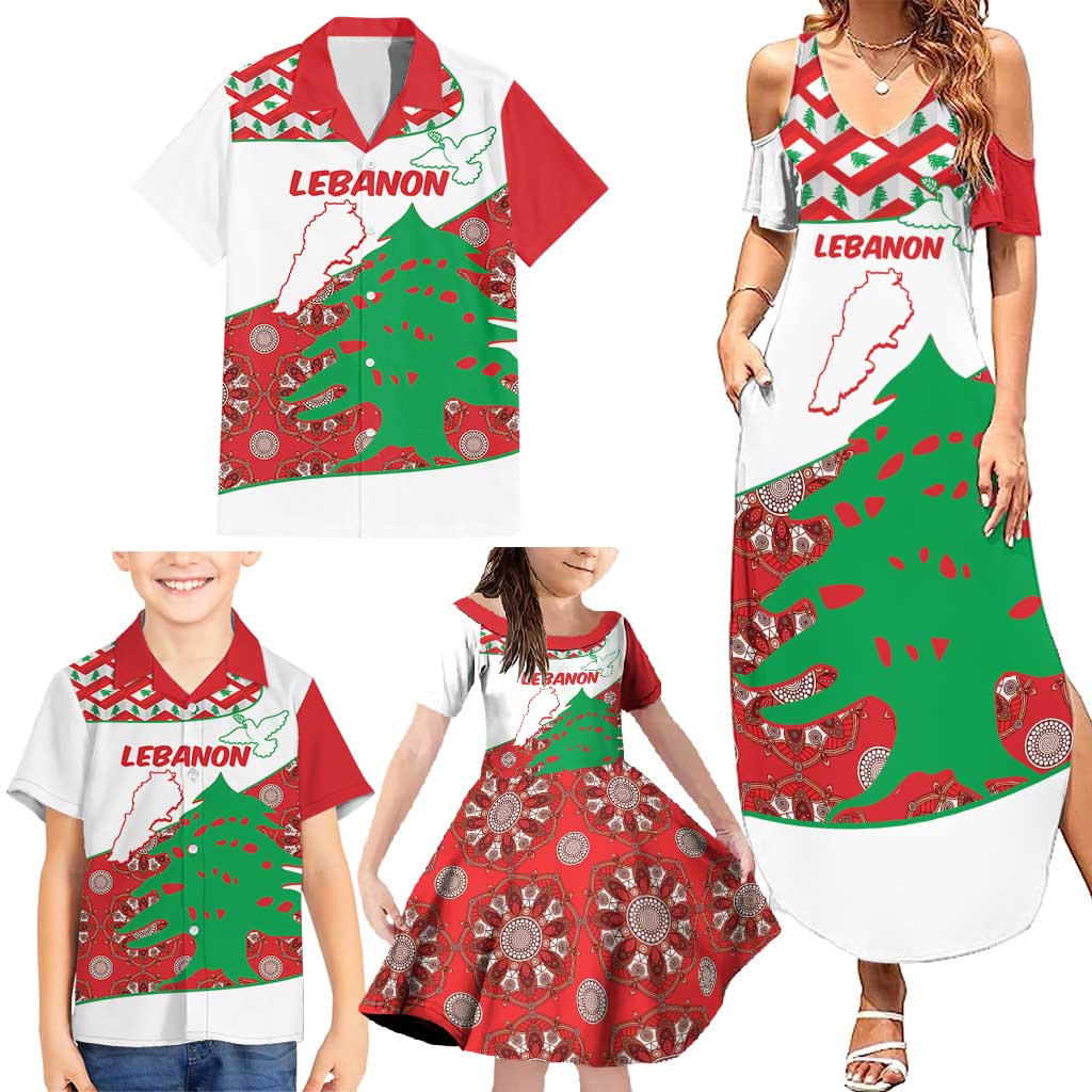 Personalised Lebanon Independence Day Family Matching Summer Maxi Dress and Hawaiian Shirt Lebanese Map With Cedrus - Wonder Print Shop