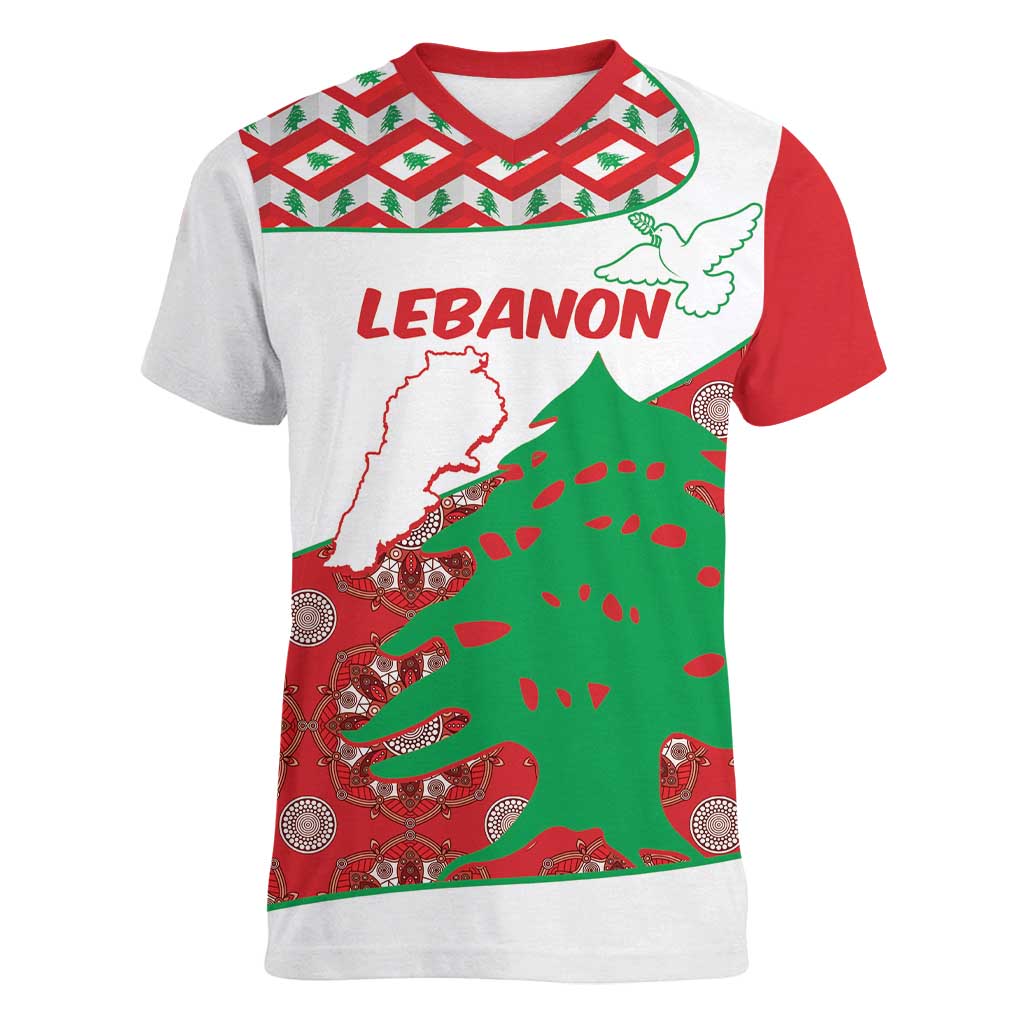 Personalised Lebanon Independence Day Women V-Neck T-Shirt Lebanese Map With Cedrus - Wonder Print Shop