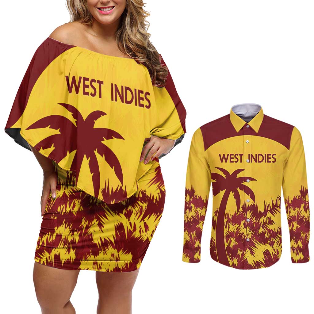 Custom West Indies Cricket Couples Matching Off Shoulder Short Dress and Long Sleeve Button Shirt Windies Newest Version - Wonder Print Shop