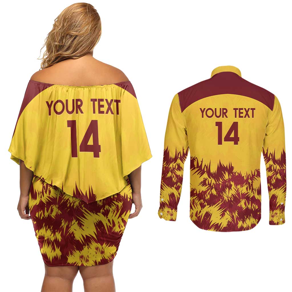 Custom West Indies Cricket Couples Matching Off Shoulder Short Dress and Long Sleeve Button Shirt Windies Newest Version - Wonder Print Shop