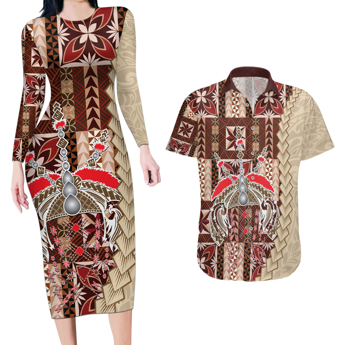 Samoa Tapau Couples Matching Long Sleeve Bodycon Dress and Hawaiian Shirt Samoan Siapo Pattern - Wonder Print Shop