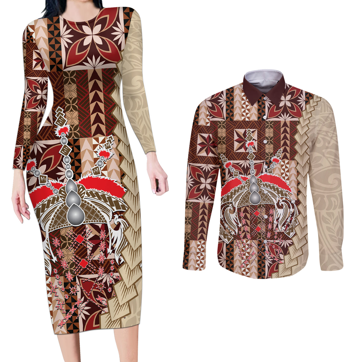 Samoa Tapau Couples Matching Long Sleeve Bodycon Dress and Long Sleeve Button Shirt Samoan Siapo Pattern - Wonder Print Shop