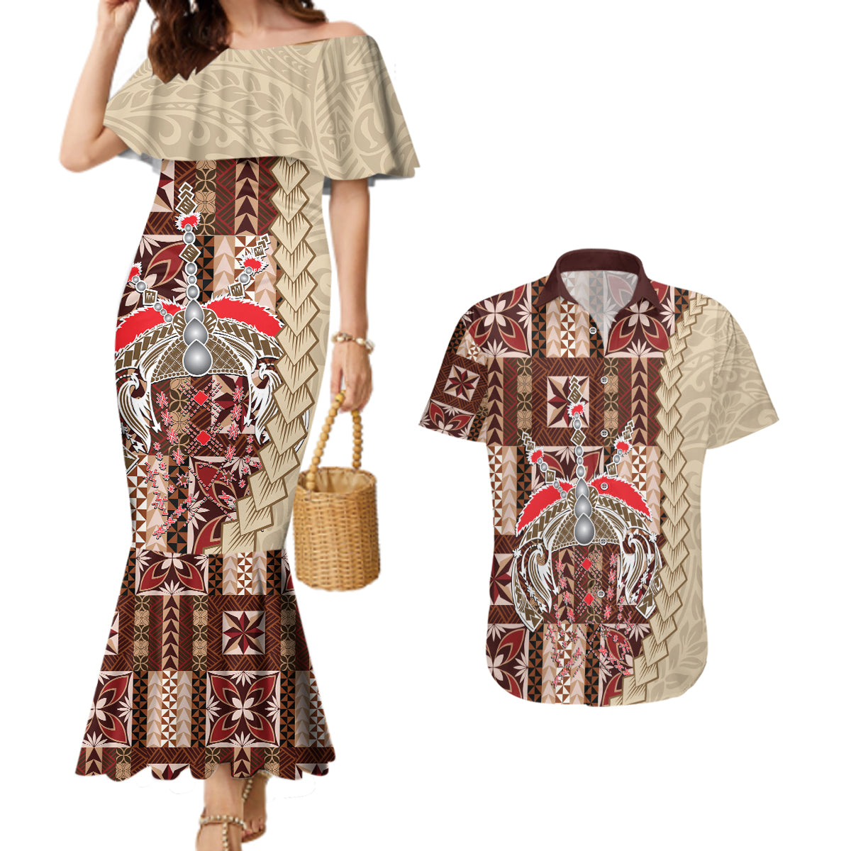 Samoa Tapau Couples Matching Mermaid Dress and Hawaiian Shirt Samoan Siapo Pattern - Wonder Print Shop