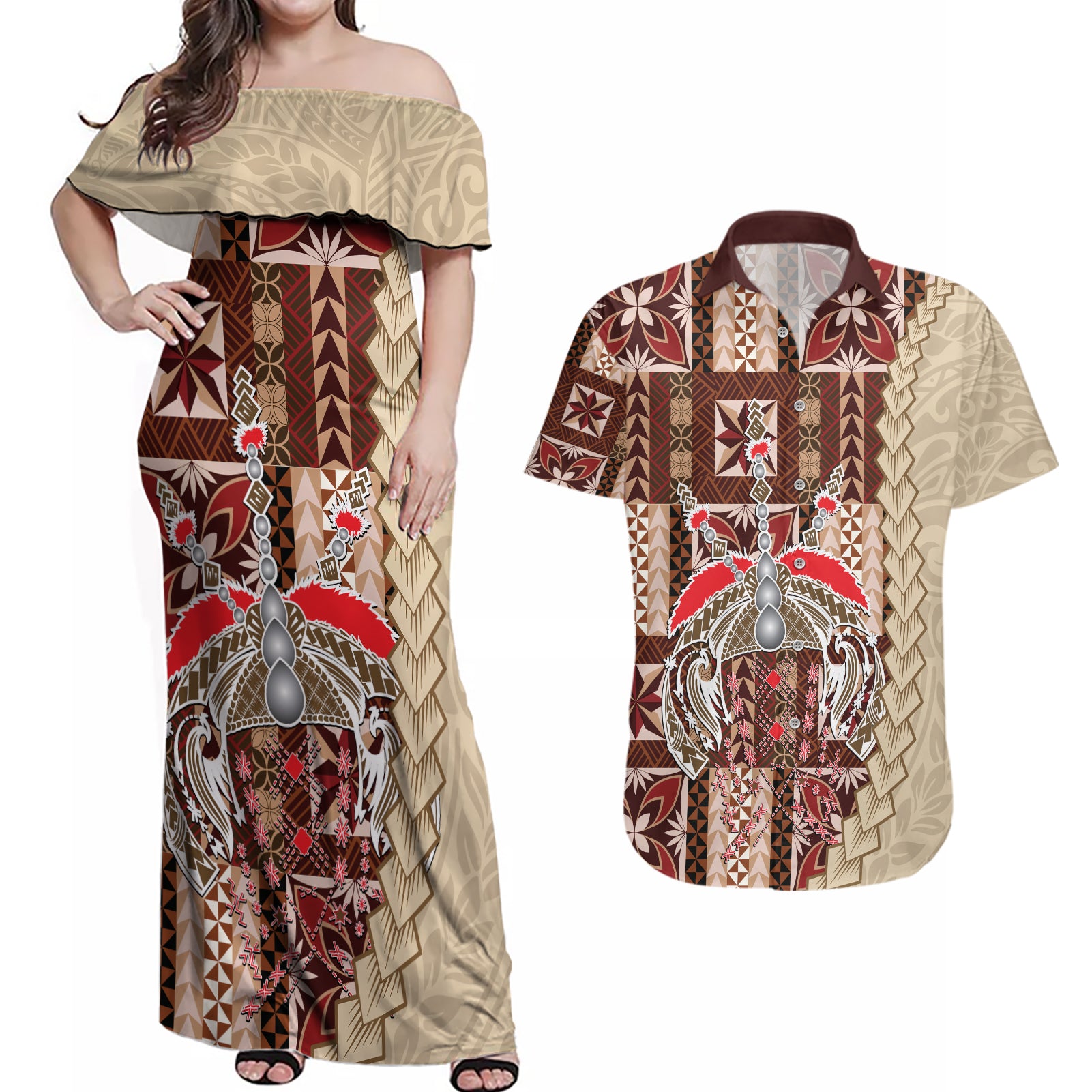 Samoa Tapau Couples Matching Off Shoulder Maxi Dress and Hawaiian Shirt Samoan Siapo Pattern - Wonder Print Shop