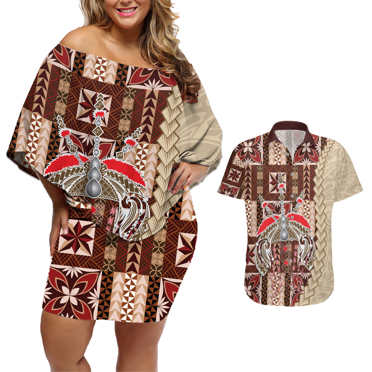 Samoa Tapau Couples Matching Off Shoulder Short Dress and Hawaiian Shirt Samoan Siapo Pattern - Wonder Print Shop