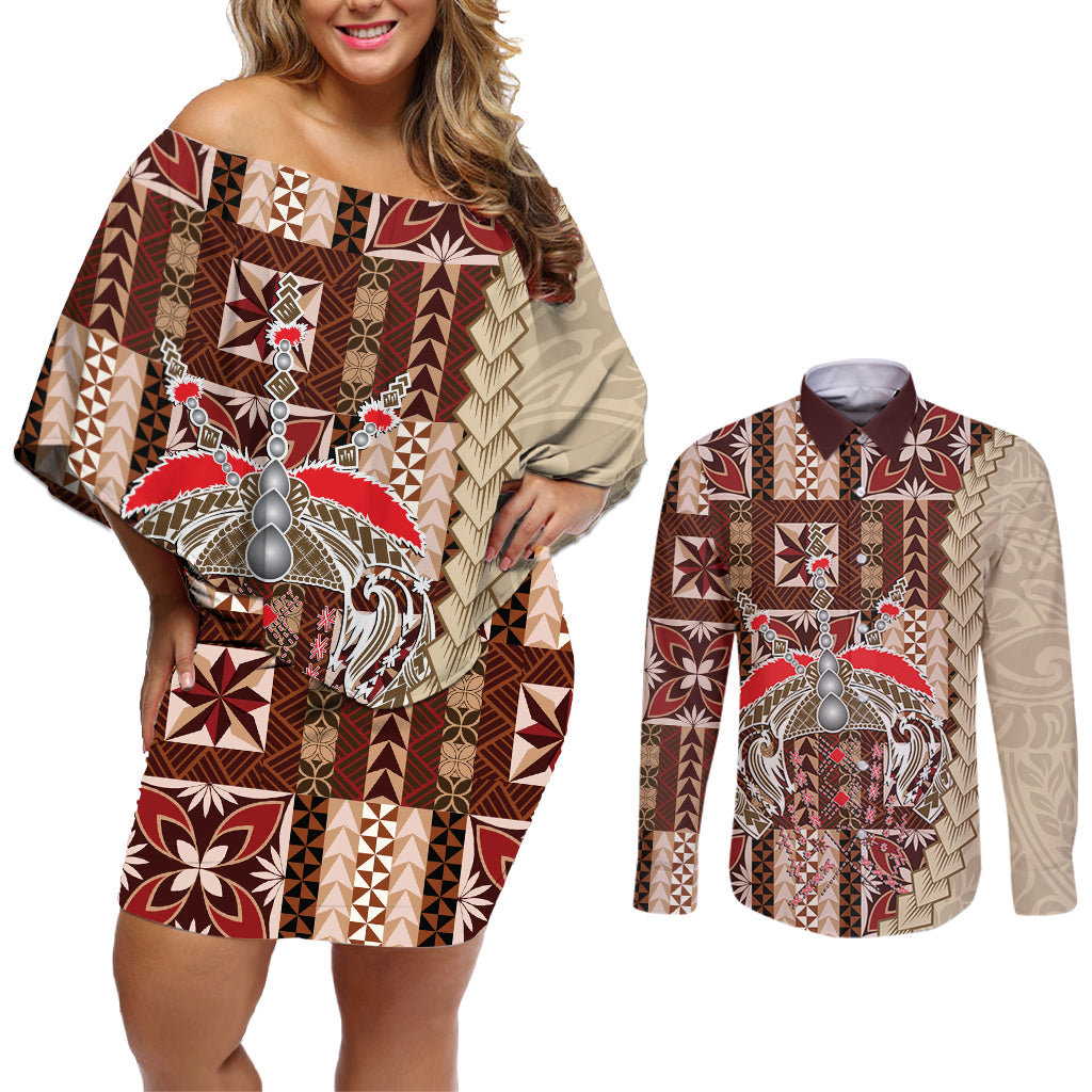 Samoa Tapau Couples Matching Off Shoulder Short Dress and Long Sleeve Button Shirt Samoan Siapo Pattern - Wonder Print Shop