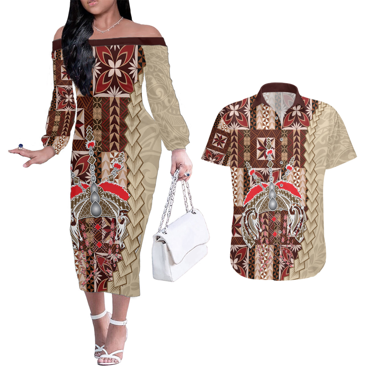 Samoa Tapau Couples Matching Off The Shoulder Long Sleeve Dress and Hawaiian Shirt Samoan Siapo Pattern - Wonder Print Shop