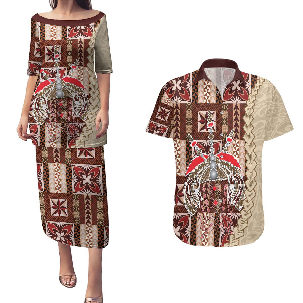 Samoa Tapau Couples Matching Puletasi Dress and Hawaiian Shirt Samoan Siapo Pattern - Wonder Print Shop