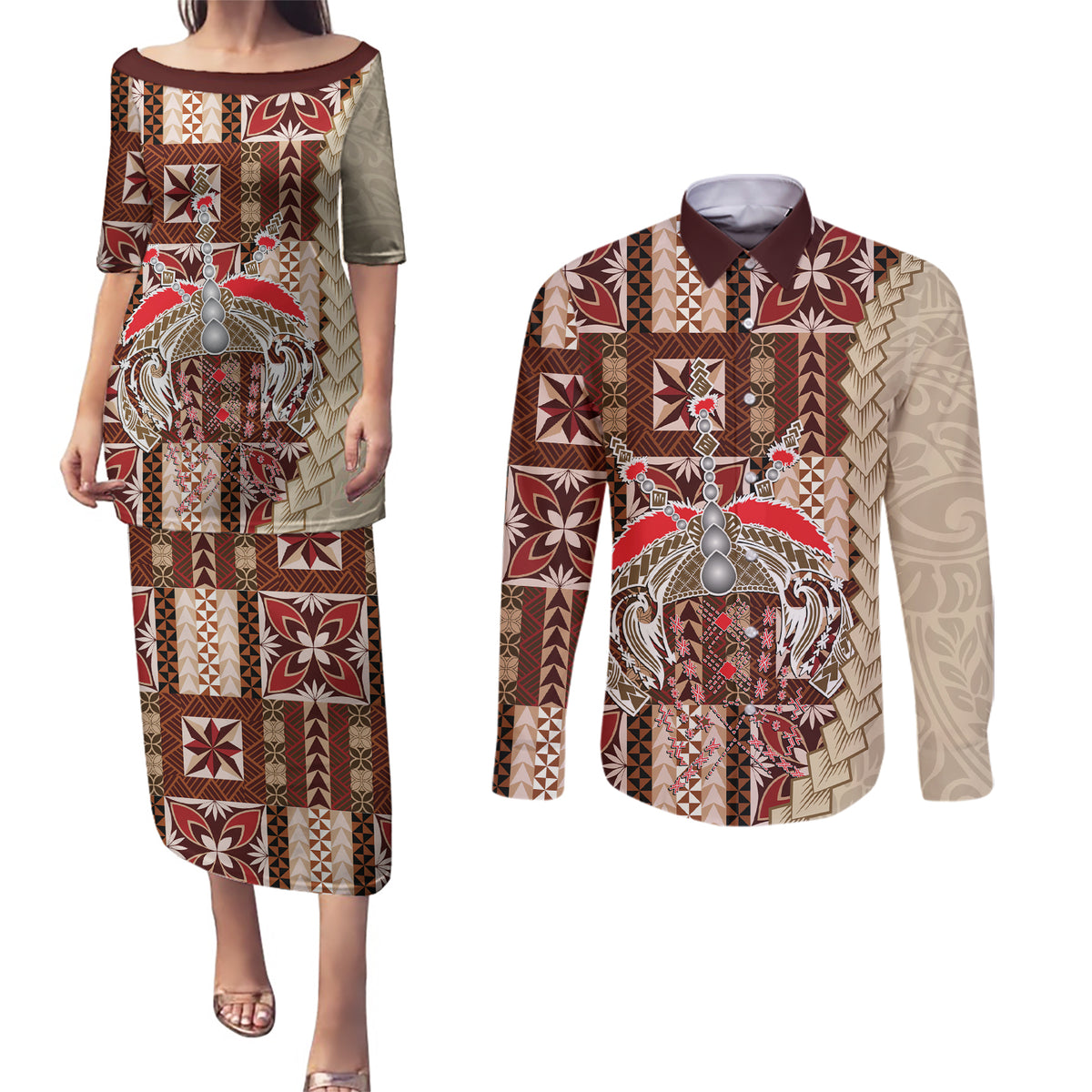 Samoa Tapau Couples Matching Puletasi Dress and Long Sleeve Button Shirt Samoan Siapo Pattern - Wonder Print Shop