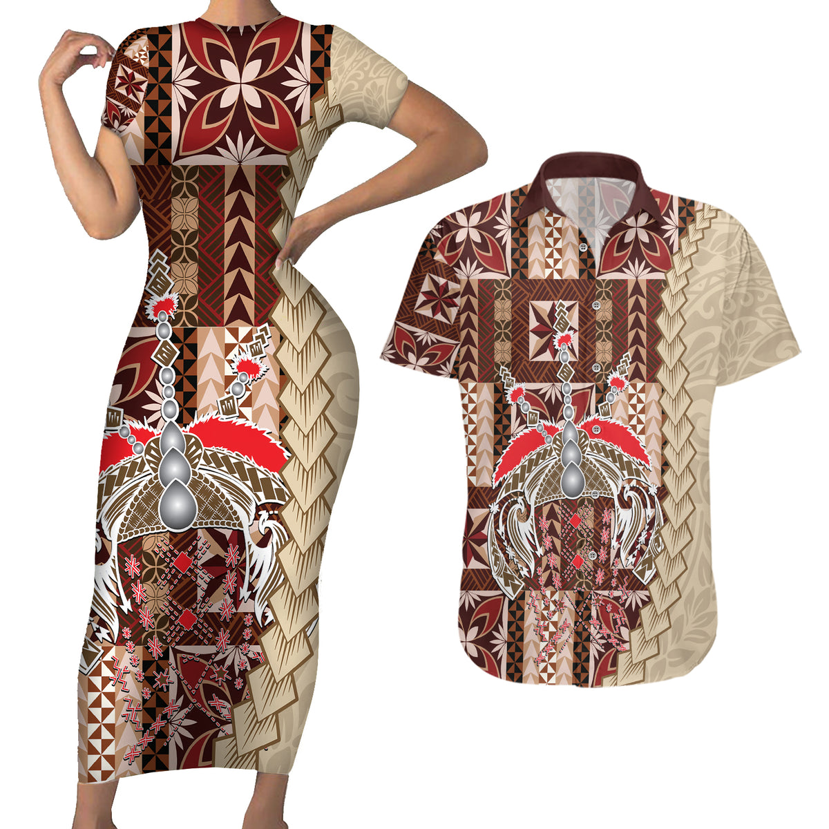 Samoa Tapau Couples Matching Short Sleeve Bodycon Dress and Hawaiian Shirt Samoan Siapo Pattern - Wonder Print Shop