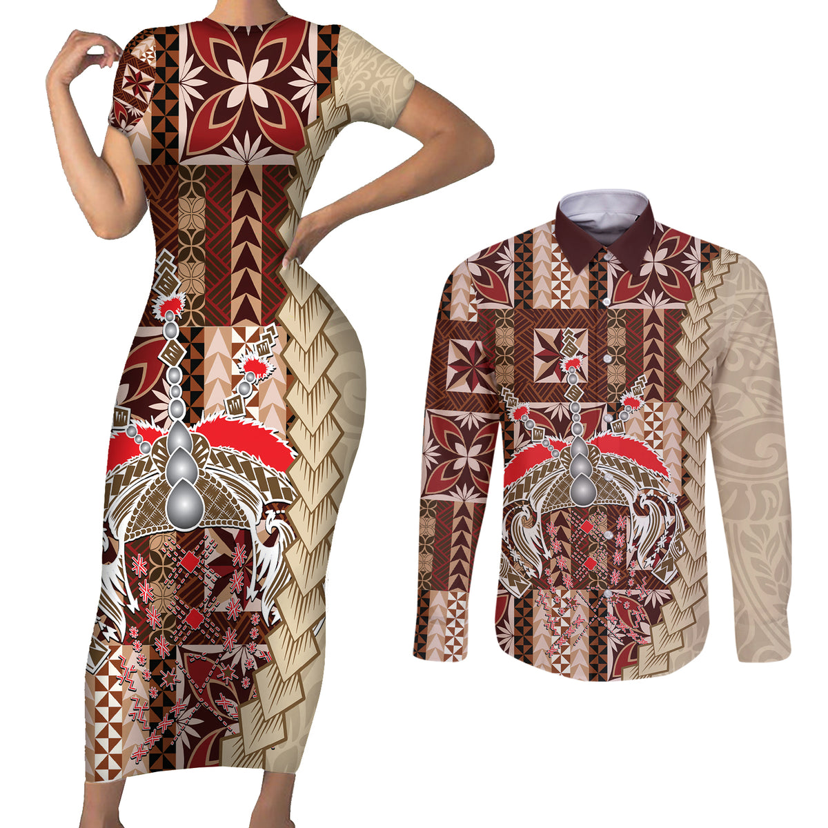 Samoa Tapau Couples Matching Short Sleeve Bodycon Dress and Long Sleeve Button Shirt Samoan Siapo Pattern - Wonder Print Shop