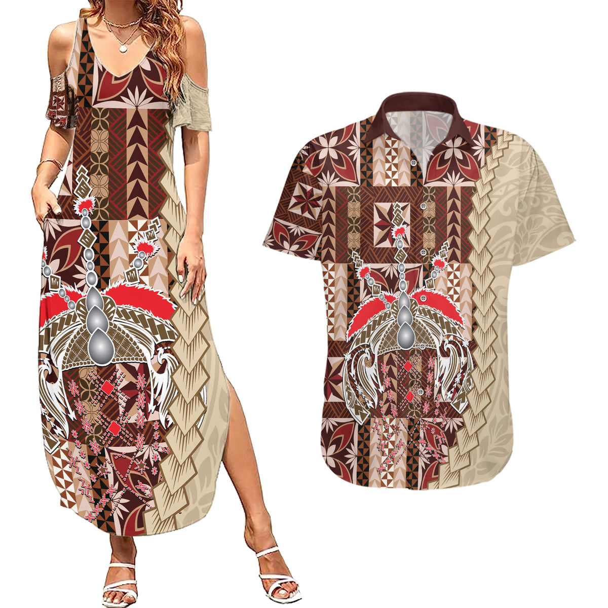 Samoa Tapau Couples Matching Summer Maxi Dress and Hawaiian Shirt Samoan Siapo Pattern - Wonder Print Shop