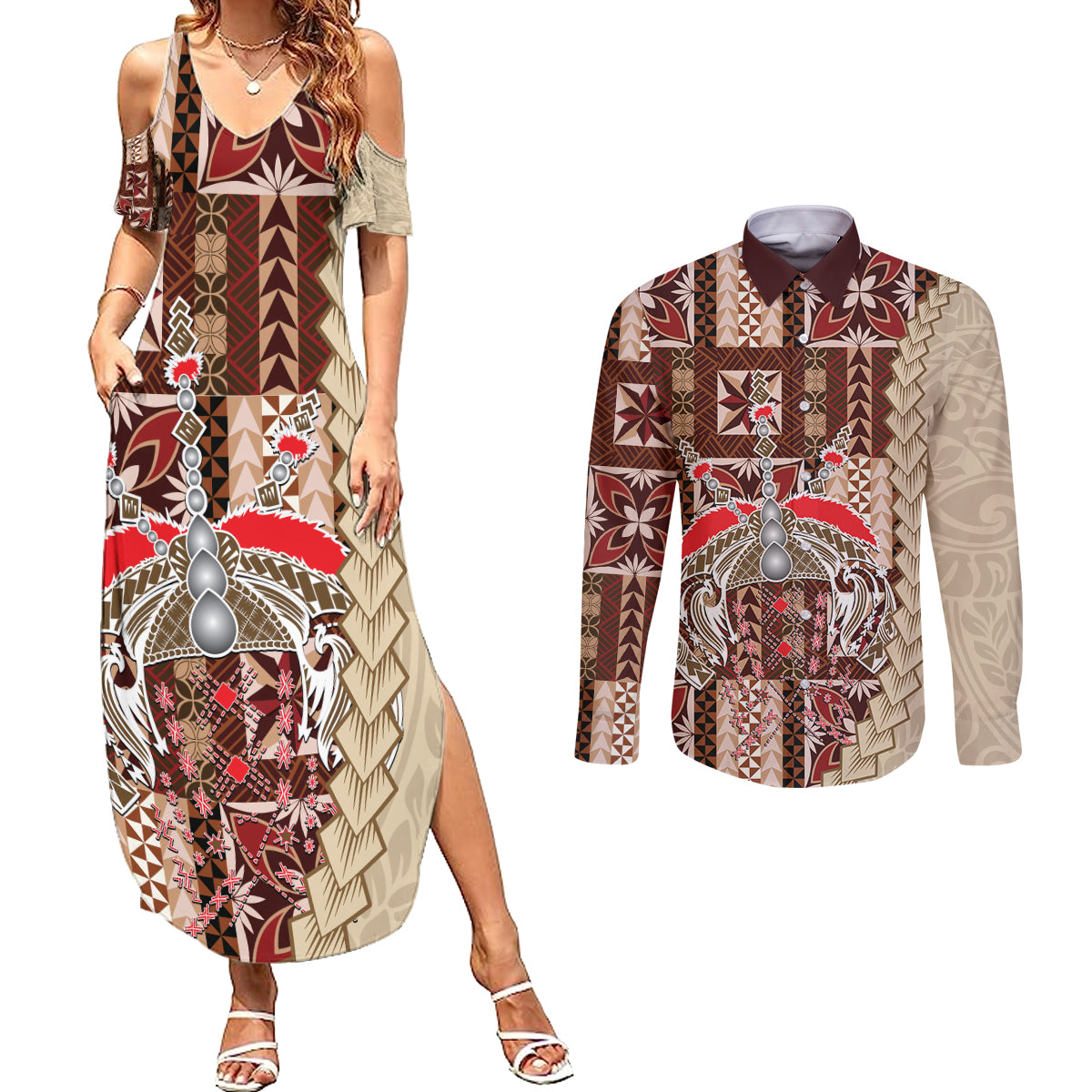 Samoa Tapau Couples Matching Summer Maxi Dress and Long Sleeve Button Shirt Samoan Siapo Pattern - Wonder Print Shop