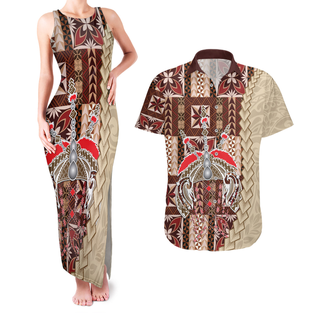 Samoa Tapau Couples Matching Tank Maxi Dress and Hawaiian Shirt Samoan Siapo Pattern - Wonder Print Shop