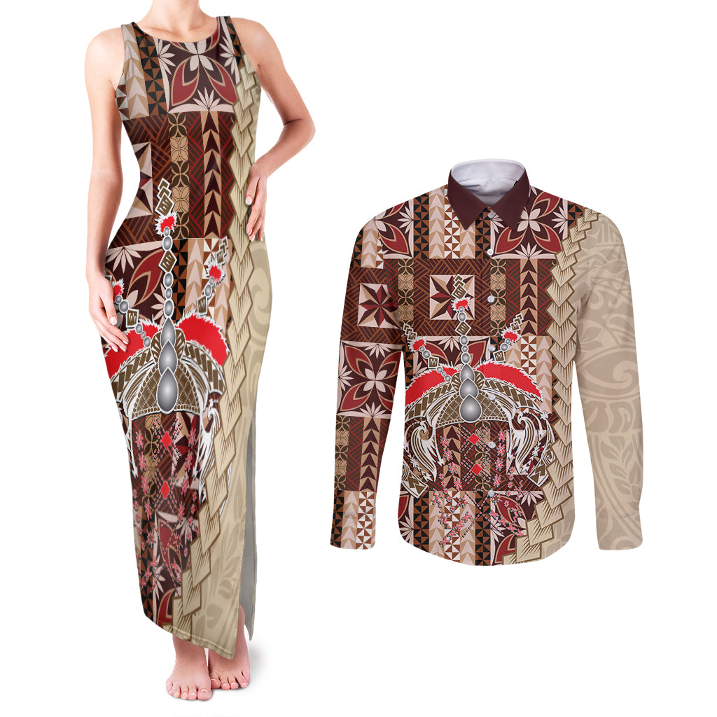 Samoa Tapau Couples Matching Tank Maxi Dress and Long Sleeve Button Shirt Samoan Siapo Pattern - Wonder Print Shop