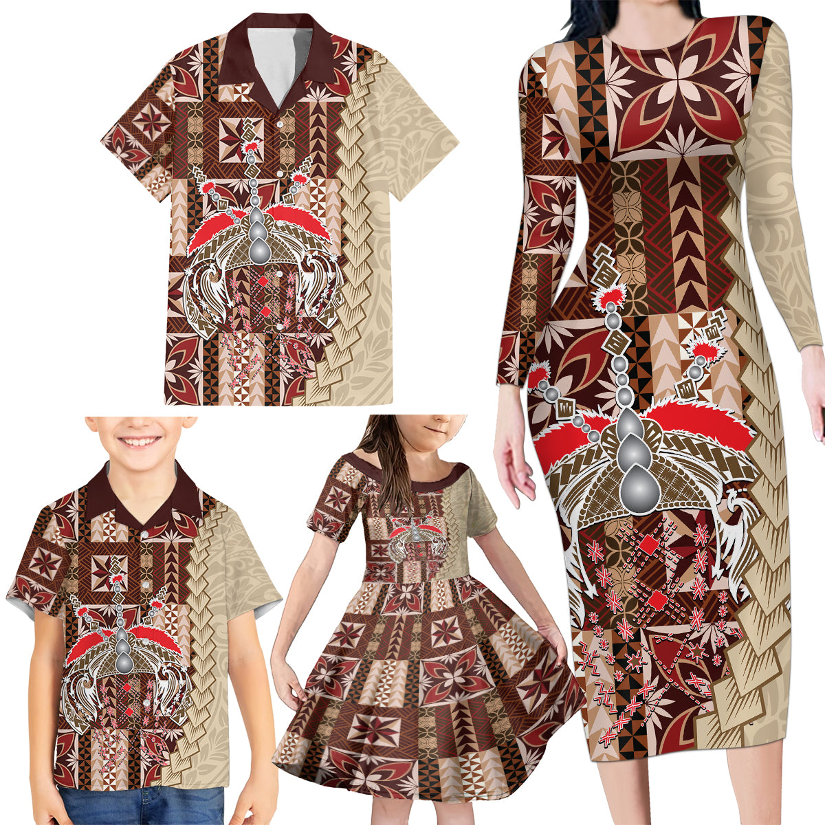 Samoa Tapau Family Matching Long Sleeve Bodycon Dress and Hawaiian Shirt Samoan Siapo Pattern - Wonder Print Shop