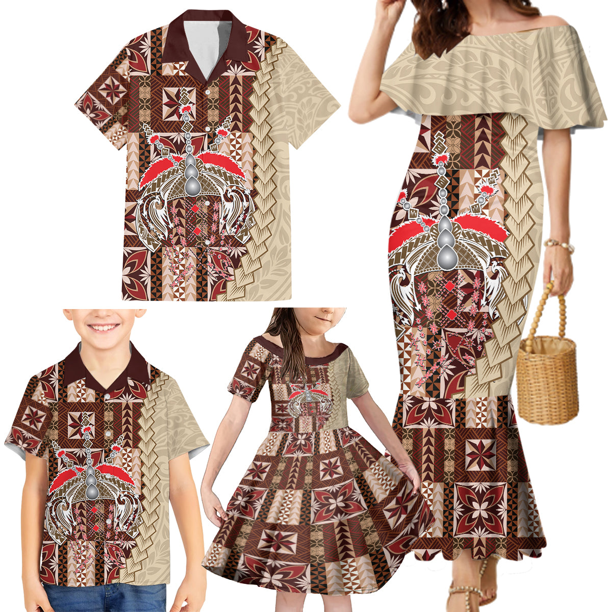 Samoa Tapau Family Matching Mermaid Dress and Hawaiian Shirt Samoan Siapo Pattern - Wonder Print Shop