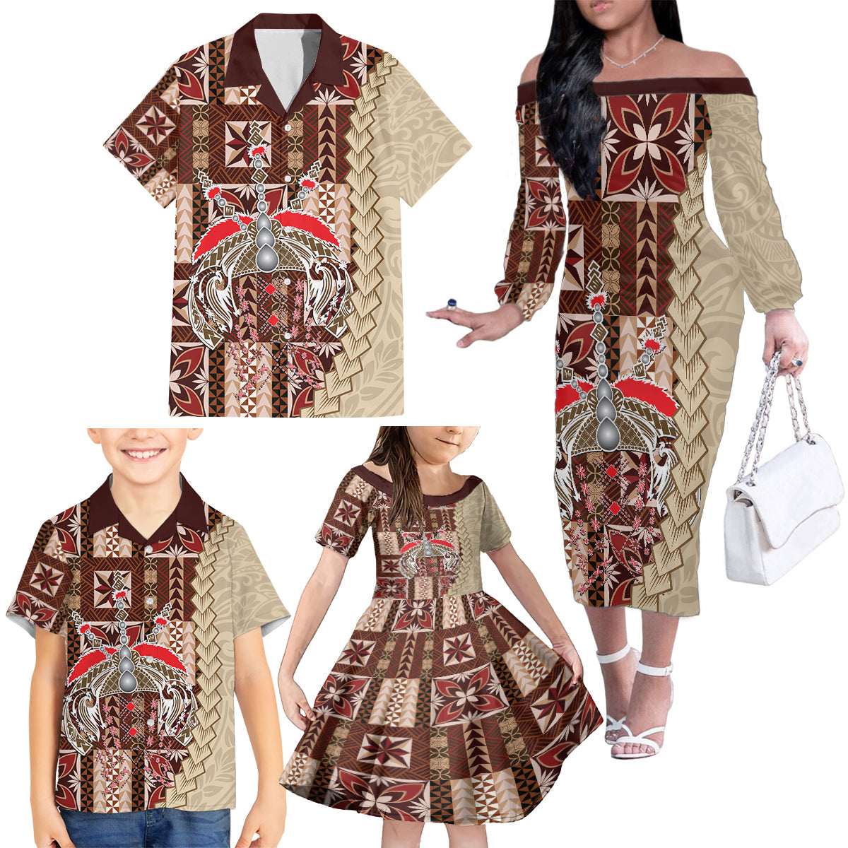 Samoa Tapau Family Matching Off Shoulder Long Sleeve Dress and Hawaiian Shirt Samoan Siapo Pattern - Wonder Print Shop